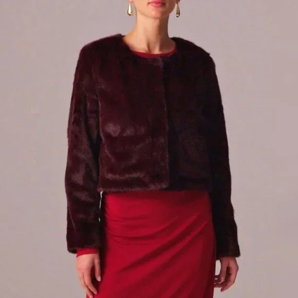 New J.Crew Faux Fur Lady Jacket Burgundy XL $228 - Picture 1 of 8